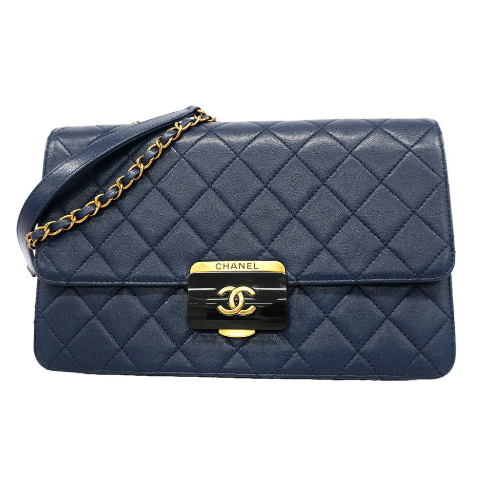 Chanel Matelassé Shoulder Bag, Double Chain, Leather, Navy, Women's, OP027078